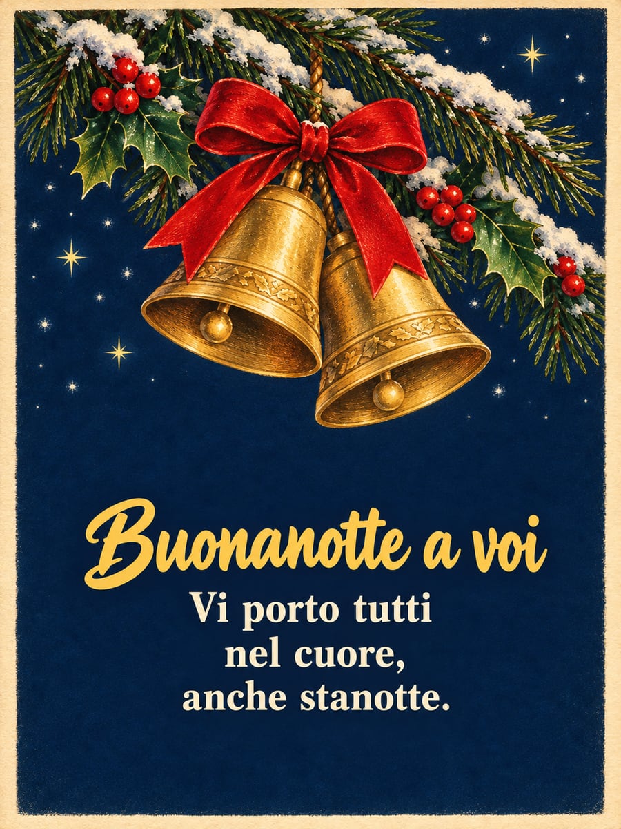 Immagine di buonanotte natalizia con la scritta «Buonanotte a voi» e «Vi porto tutti nel cuore, anche stanotte.» – campane dorate, fiocco rosso, ramo di pino innevato, agrifoglio