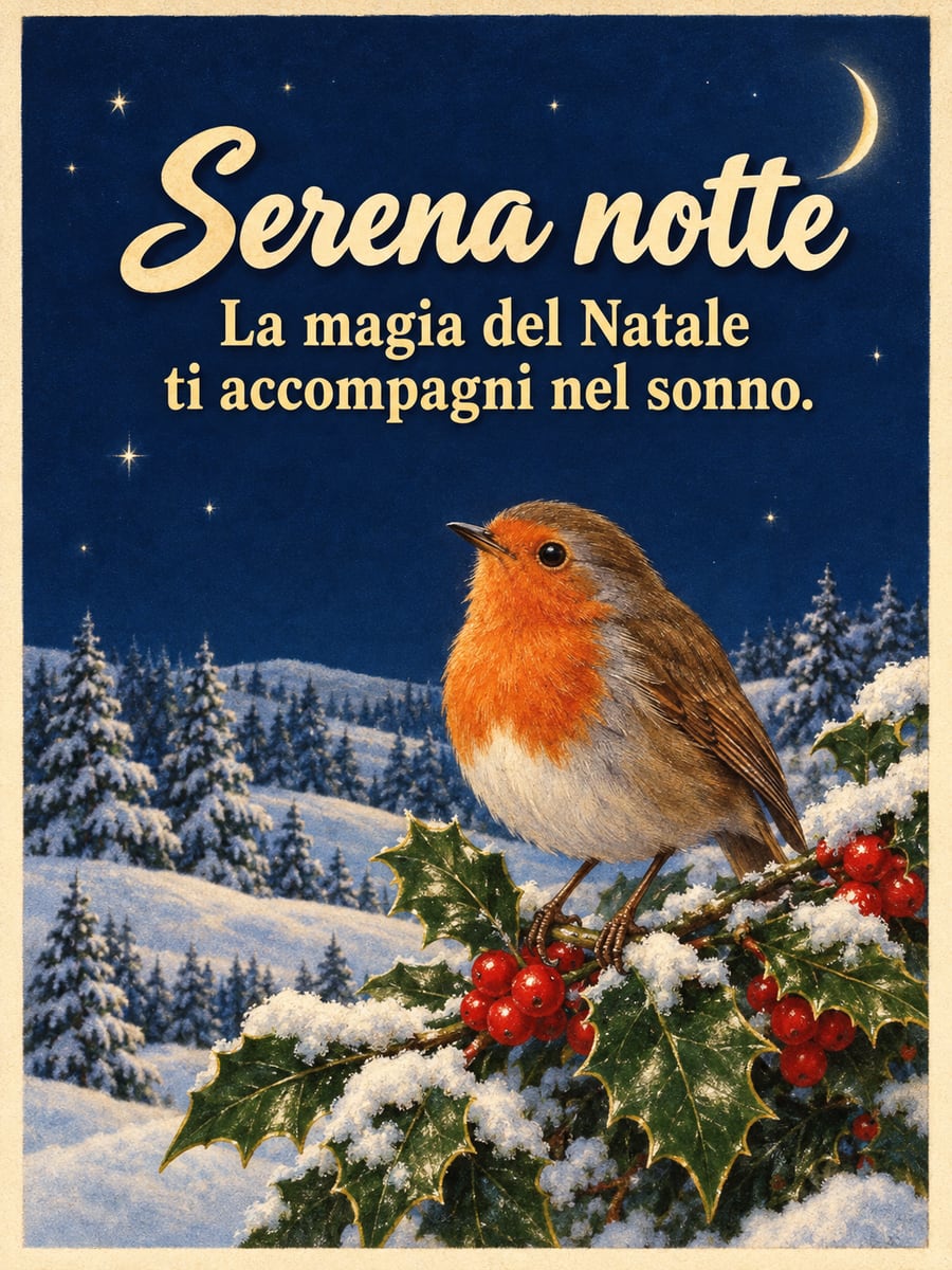 Immagine di buonanotte natalizia con la scritta «Serena notte» e «La magia del Natale ti accompagni nel sonno.» – pettirosso, agrifoglio innevato, luna crescente, abeti innevati