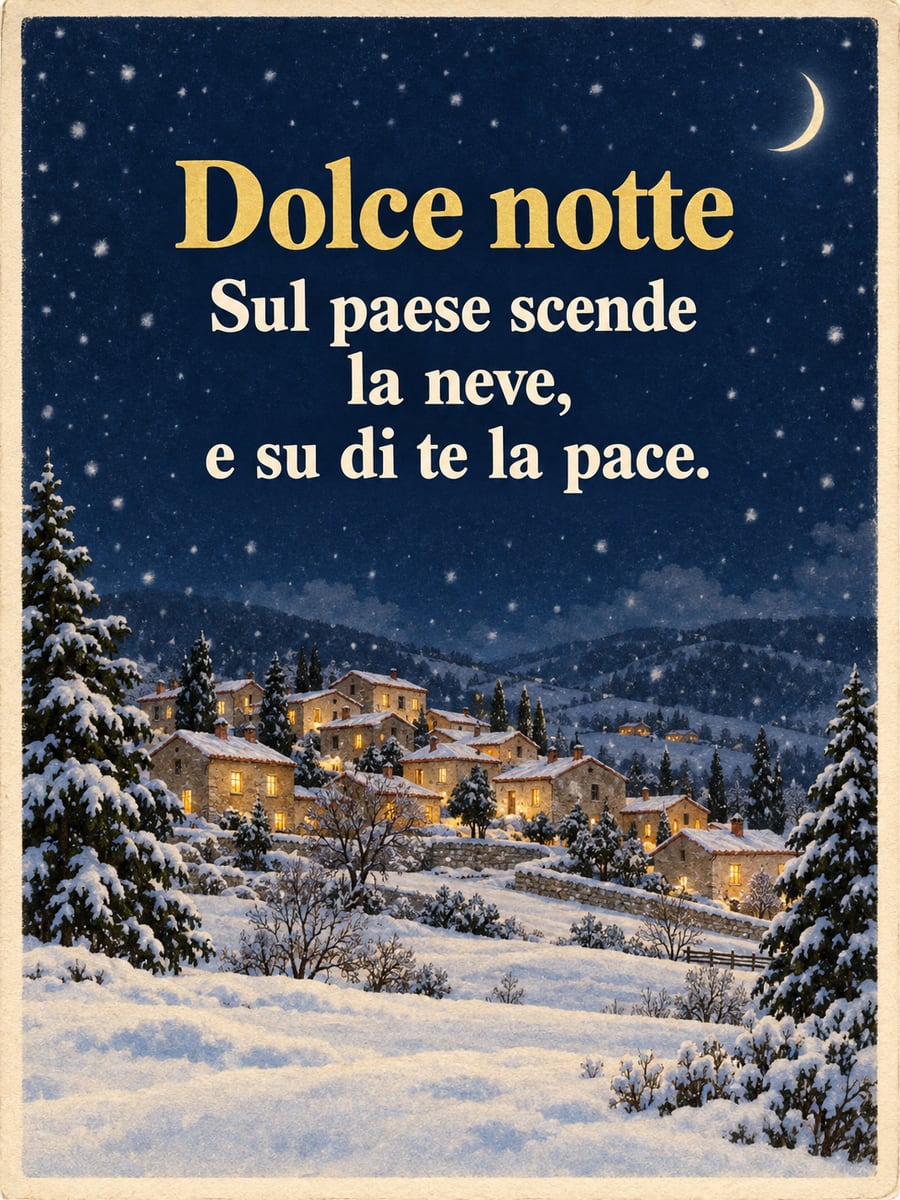 Immagine di buonanotte natalizia con la scritta «Dolce notte» e «Sul paese scende la neve, e su di te la pace.» – borgo innevato, finestre illuminate, abeti innevati, luna crescente