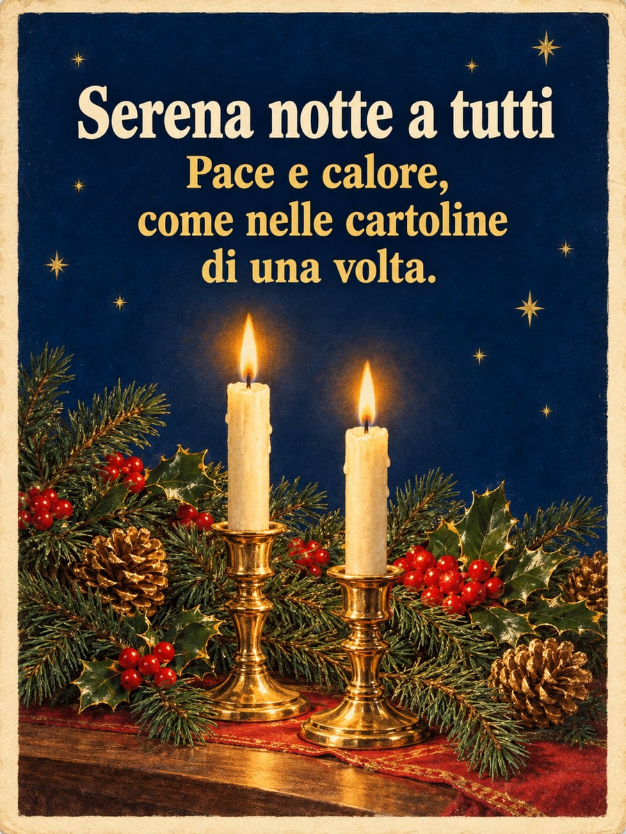 Immagine di buonanotte natalizia con la scritta «Serena notte a tutti» e «Pace e calore, come nelle cartoline di una volta.» – due candele accese, candelieri d’ottone, rami di pino, agrifoglio
