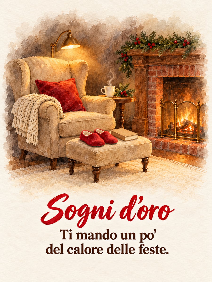 Immagine di buonanotte natalizia con la scritta «Sogni d’oro» e «Ti mando un po’ del calore delle feste.» – poltrona con il plaid, pantofole rosse, libro, camino acceso