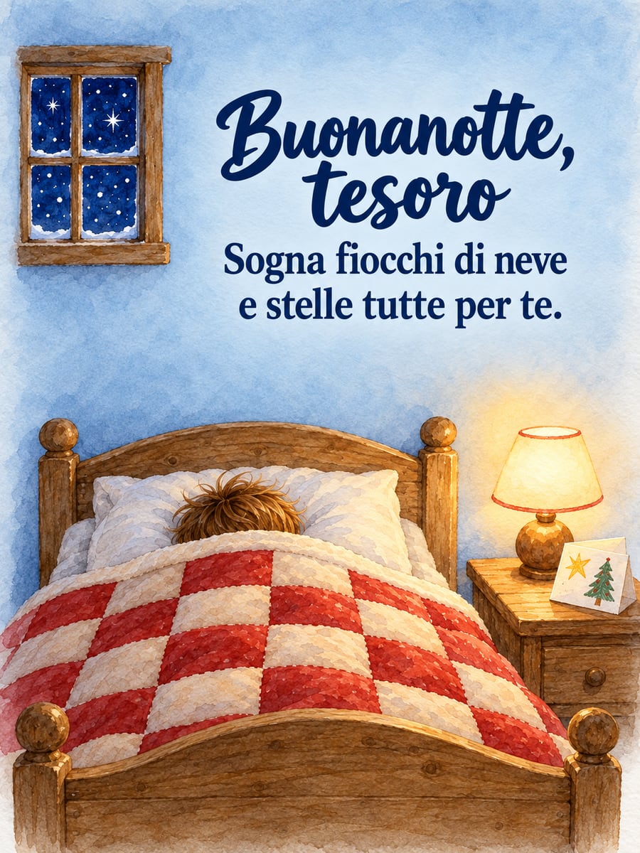 Immagine di buonanotte natalizia con la scritta «Buonanotte, tesoro» e «Sogna fiocchi di neve e stelle tutte per te.» – bambino addormentato, trapunta a quadri rossi, lampada da comodino, letterina disegnata