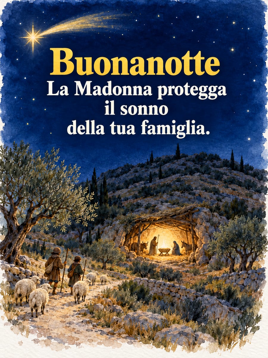 Immagine di buonanotte natalizia con la scritta «Buonanotte» e «La Madonna protegga il sonno della tua famiglia.» – grotta del presepe, pastori con le pecore, ulivi, stella cometa
