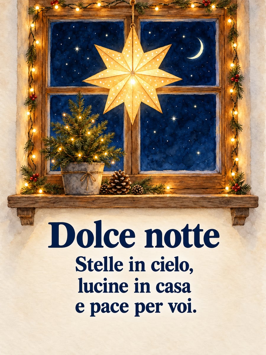 Immagine di buonanotte natalizia con la scritta «Dolce notte» e «Stelle in cielo, lucine in casa e pace per voi.» – stella di carta illuminata, finestra con le lucine, abete in vaso, pigne