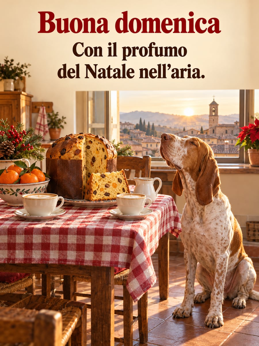 Immagine di buongiorno natalizio con la scritta «Buona domenica» e «Con il profumo del Natale nell’aria.» – bracco italiano, panettone, colazione, campanile