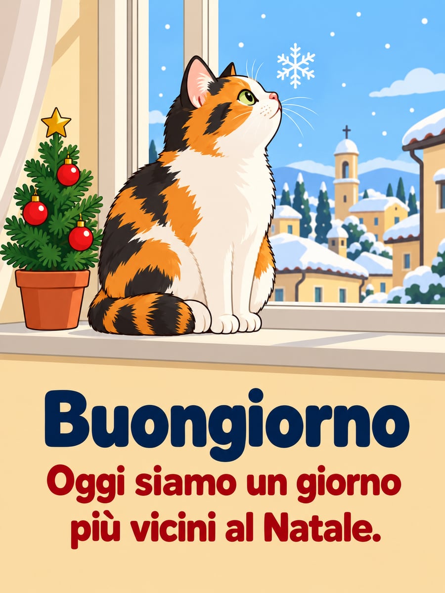 Immagine di buongiorno natalizio con la scritta «Buongiorno» e «Oggi siamo un giorno più vicini al Natale.» – gatto tricolore alla finestra, alberello di Natale, neve