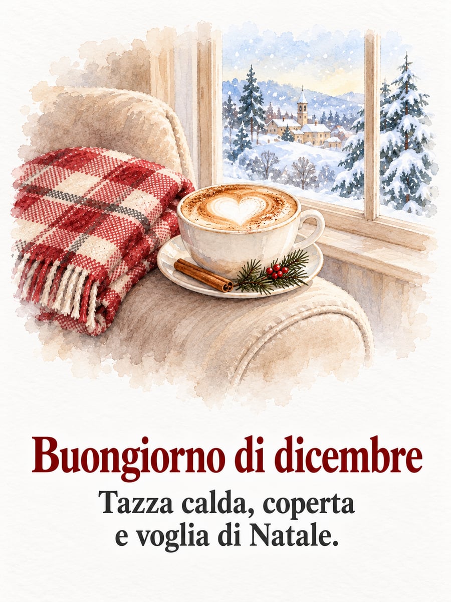 Immagine di buongiorno natalizio con la scritta «Buongiorno di dicembre» e «Tazza calda, coperta e voglia di Natale.» – cappuccino, plaid scozzese, finestra innevata