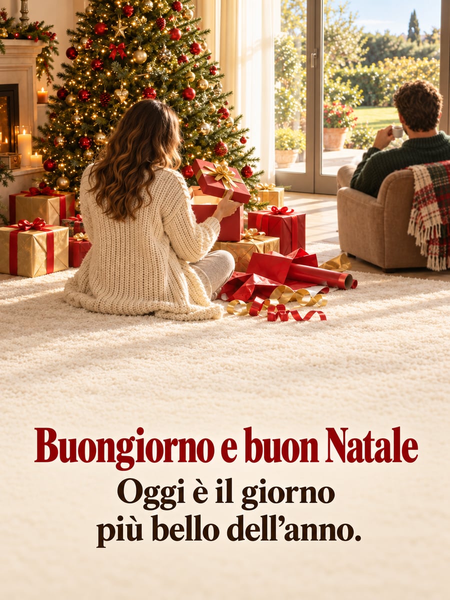 Immagine di buongiorno natalizio con la scritta «Buongiorno e buon Natale» e «Oggi è il giorno più bello dell’anno.» – apertura dei regali, albero di Natale, camino