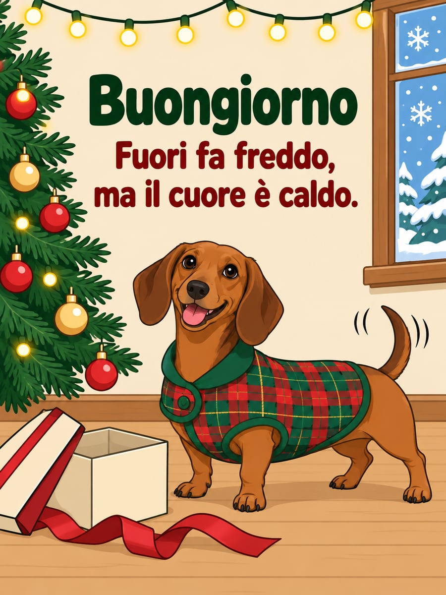 Immagine di buongiorno natalizio con la scritta «Buongiorno» e «Fuori fa freddo, ma il cuore è caldo.» – bassotto con il cappottino scozzese, regalo aperto, albero di Natale