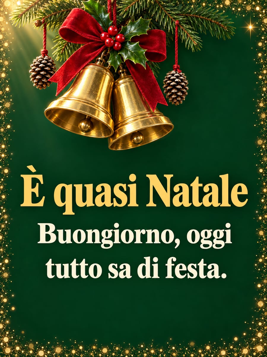Immagine di buongiorno natalizio con la scritta «È quasi Natale» e «Buongiorno, oggi tutto sa di festa.» – campane dorate, fiocco rosso, agrifoglio, pigne