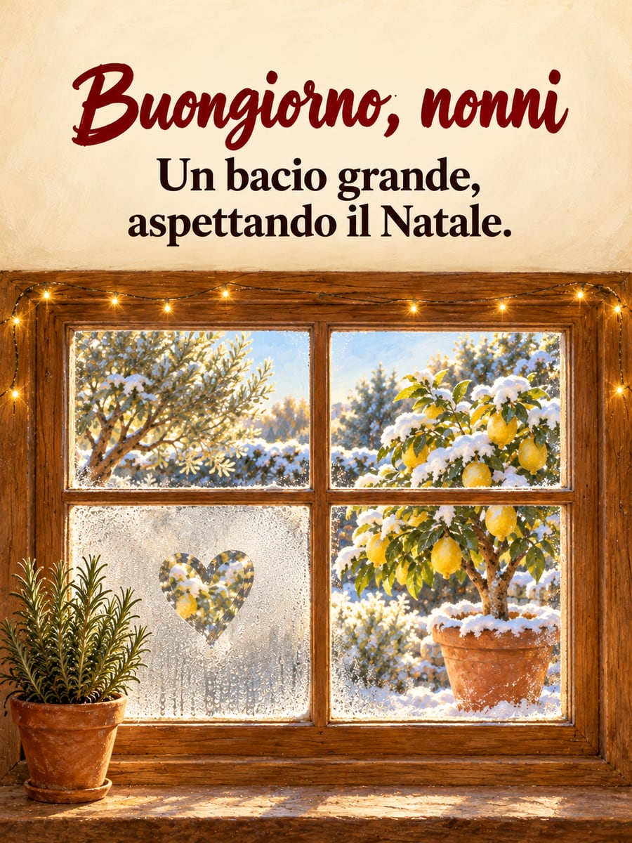 Immagine di buongiorno natalizio con la scritta «Buongiorno, nonni» e «Un bacio grande, aspettando il Natale.» – finestra appannata con un cuore, albero di limoni, lucine