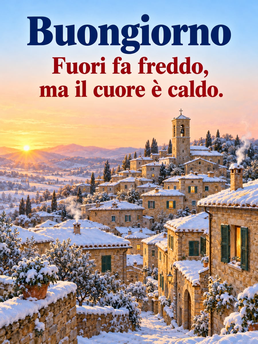 Immagine di buongiorno natalizio con la scritta «Buongiorno» e «Fuori fa freddo, ma il cuore è caldo.» – borgo innevato, campanile, alba