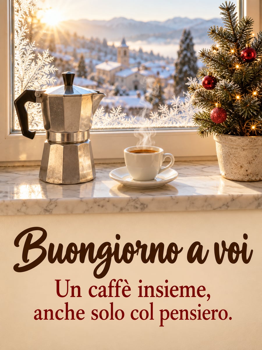 Immagine di buongiorno natalizio con la scritta «Buongiorno a voi» e «Un caffè insieme, anche solo col pensiero.» – moka, tazzina di caffè, finestra con la brina, alberello di Natale