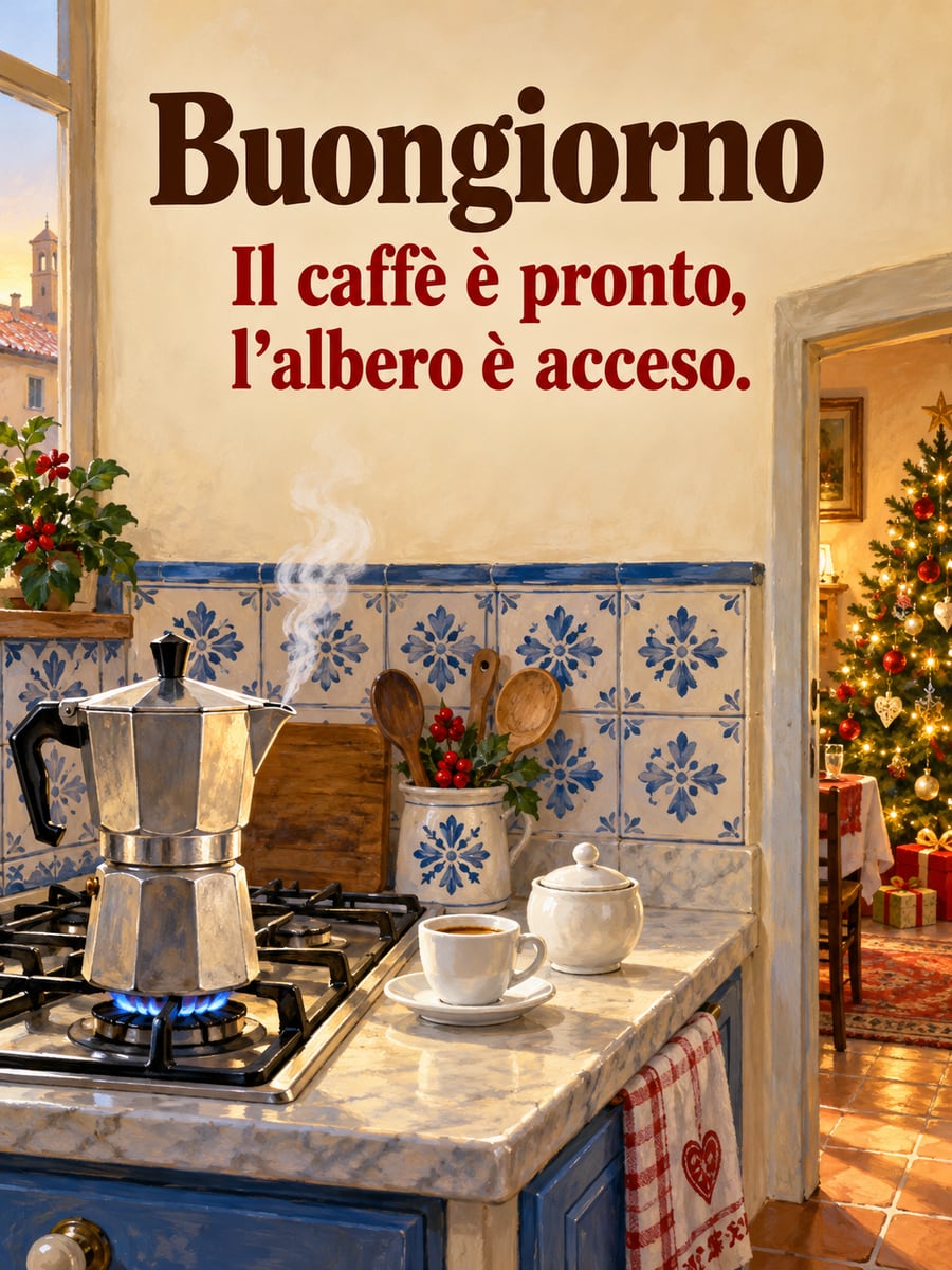 Immagine di buongiorno natalizio con la scritta «Buongiorno» e «Il caffè è pronto, l’albero è acceso.» – moka sul fornello, tazzina di caffè, albero di Natale