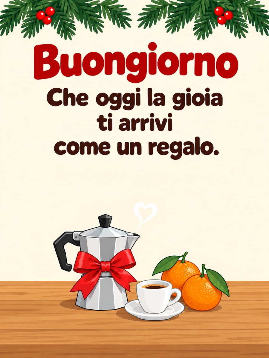 Immagine di buongiorno natalizio con la scritta «Buongiorno» e «Che oggi la gioia ti arrivi come un regalo.» – moka con fiocco rosso, tazzina di caffè, mandarini