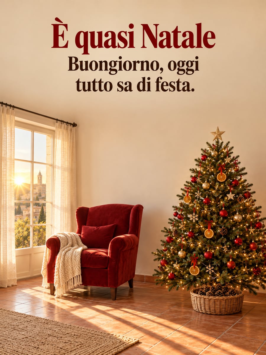 Immagine di buongiorno natalizio con la scritta «È quasi Natale» e «Buongiorno, oggi tutto sa di festa.» – albero di Natale, poltrona rossa, sole del mattino