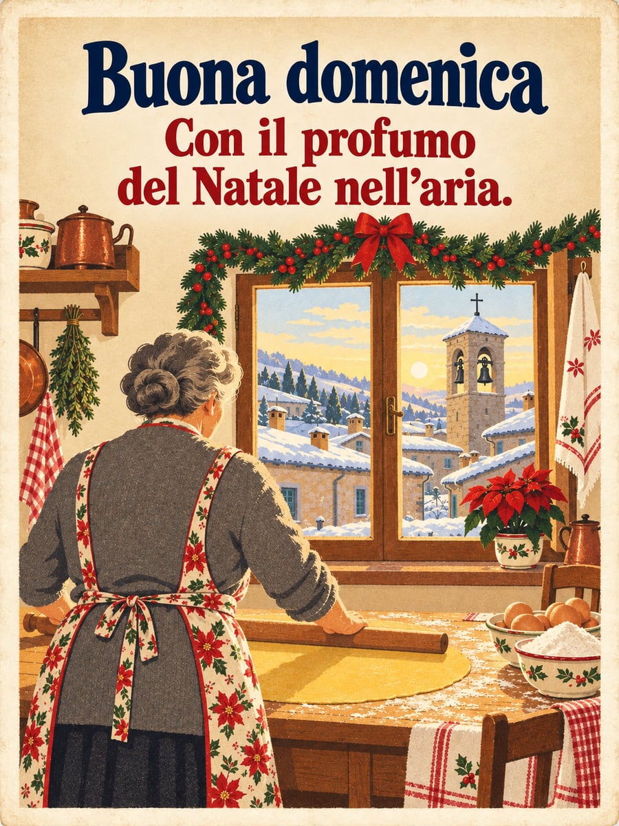 Immagine di buongiorno natalizio con la scritta «Buona domenica» e «Con il profumo del Natale nell’aria.» – nonna che stende la pasta, finestra, campanile