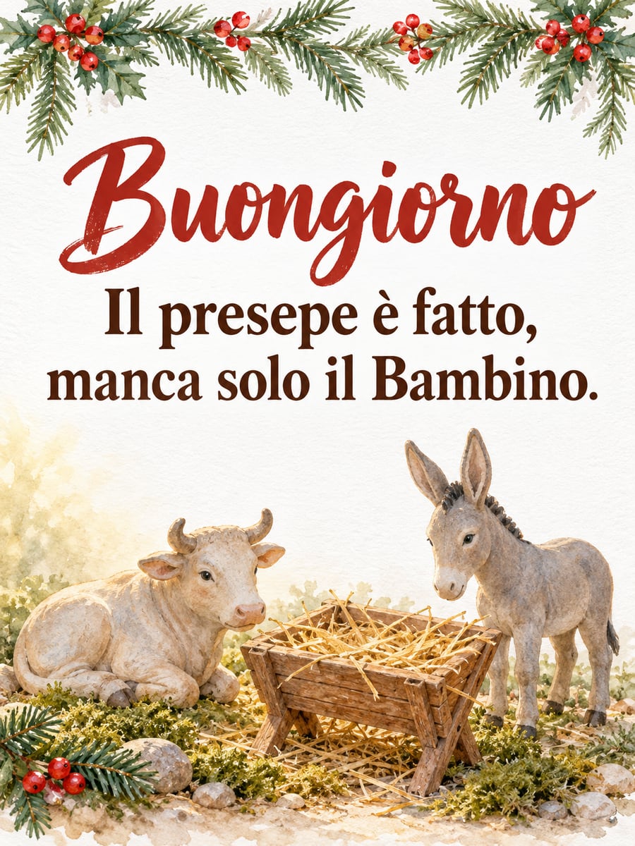 Immagine di buongiorno natalizio con la scritta «Buongiorno» e «Il presepe è fatto, manca solo il Bambino.» – bue, asinello, mangiatoia vuota