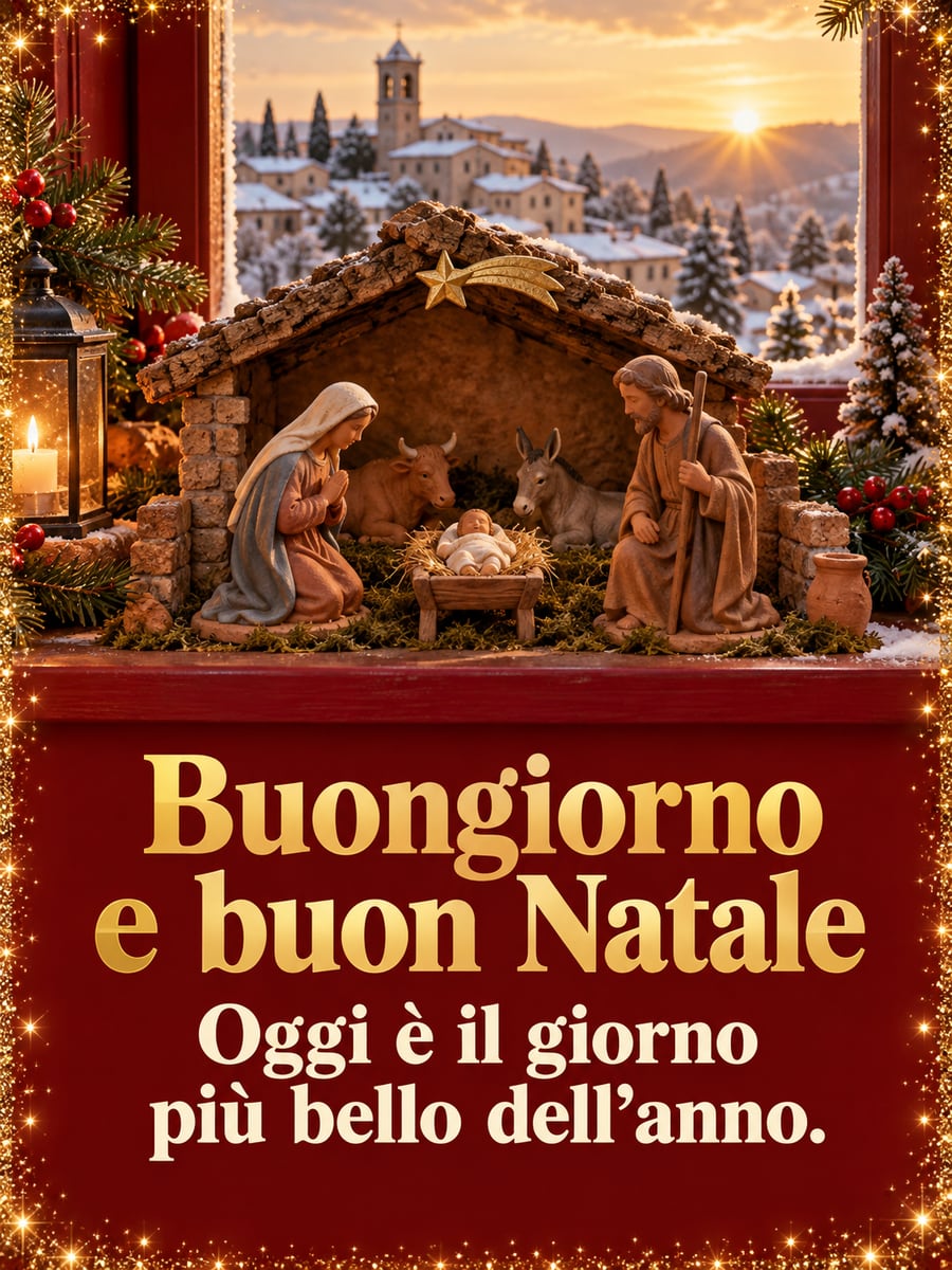 Immagine di buongiorno natalizio con la scritta «Buongiorno e buon Natale» e «Oggi è il giorno più bello dell’anno.» – presepe di terracotta, Gesù Bambino, borgo innevato