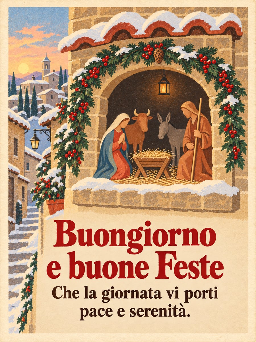 Immagine di buongiorno natalizio con la scritta «Buongiorno e buone Feste» e «Che la giornata vi porti pace e serenità.» – presepe in una nicchia, mangiatoia vuota, ghirlanda, borgo innevato