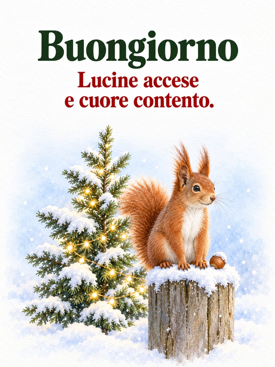 Immagine di buongiorno natalizio con la scritta «Buongiorno» e «Lucine accese e cuore contento.» – scoiattolo rosso, abete con le lucine, neve