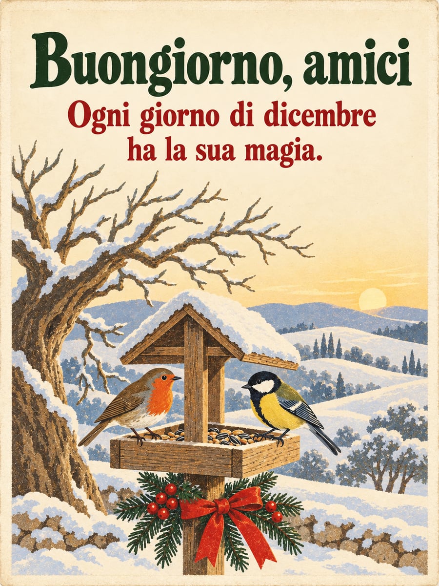 Immagine di buongiorno natalizio con la scritta «Buongiorno, amici» e «Ogni giorno di dicembre ha la sua magia.» – pettirosso, cinciallegra, mangiatoia per uccelli, neve
