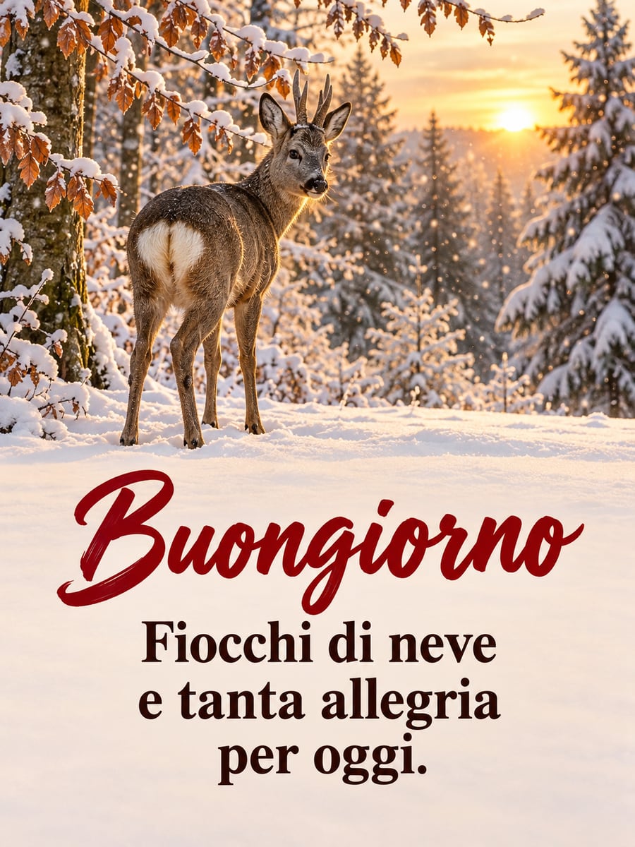 Immagine di buongiorno natalizio con la scritta «Buongiorno» e «Fiocchi di neve e tanta allegria per oggi.» – capriolo, bosco innevato, alba