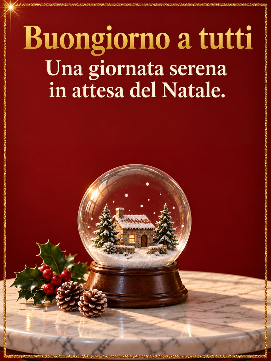 Immagine di buongiorno natalizio con la scritta «Buongiorno a tutti» e «Una giornata serena in attesa del Natale.» – palla di vetro con la neve, agrifoglio, pigne