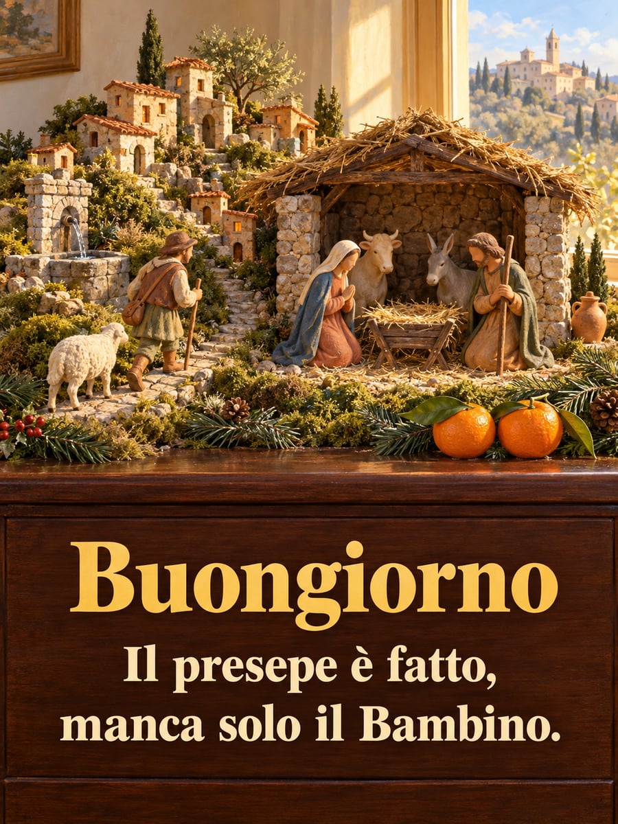 Immagine di buongiorno natalizio con la scritta «Buongiorno» e «Il presepe è fatto, manca solo il Bambino.» – presepe di terracotta, mangiatoia vuota, mandarini