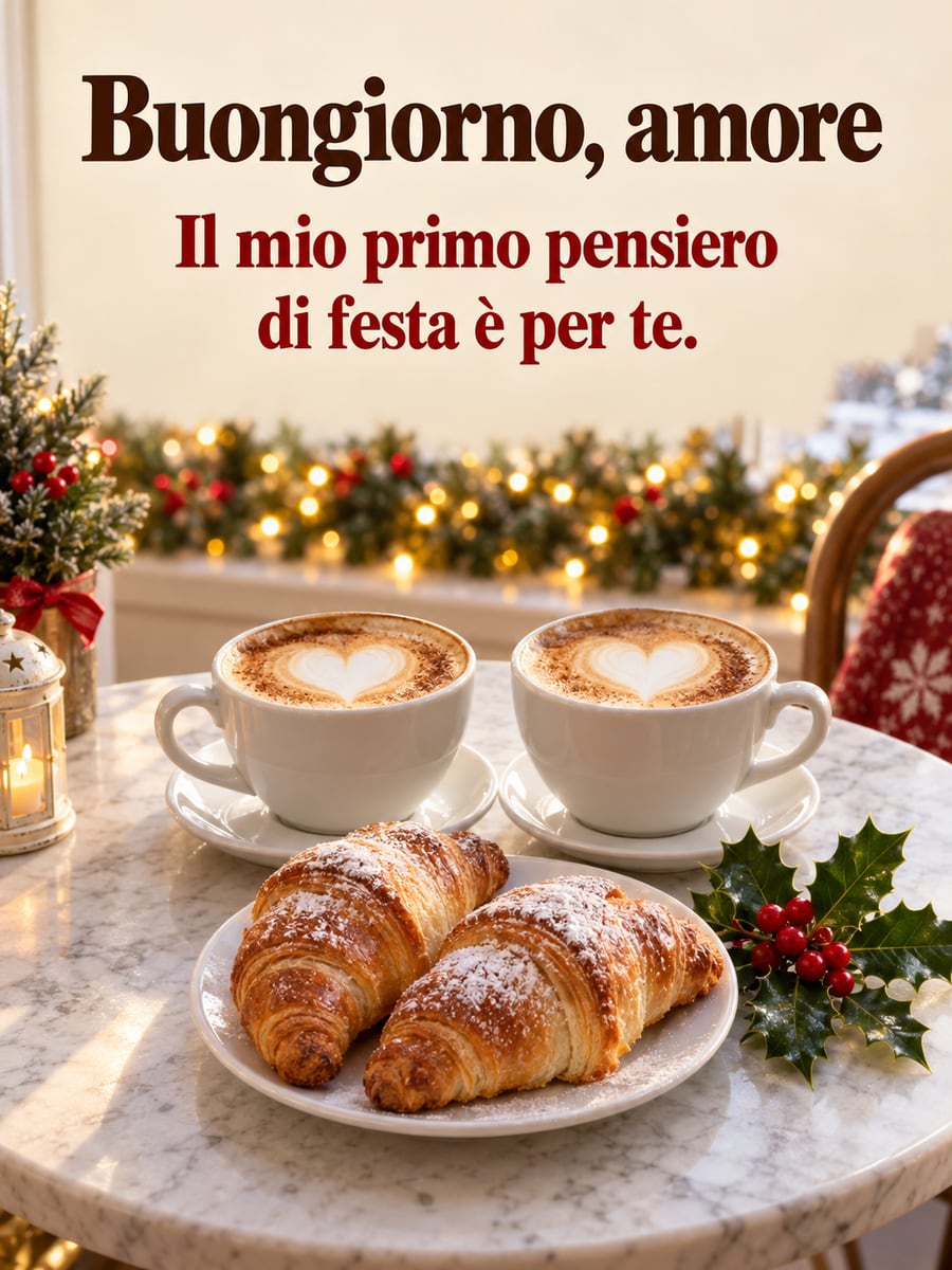 Immagine di buongiorno natalizio con la scritta «Buongiorno, amore» e «Il mio primo pensiero di festa è per te.» – due cappuccini, cornetti, agrifoglio