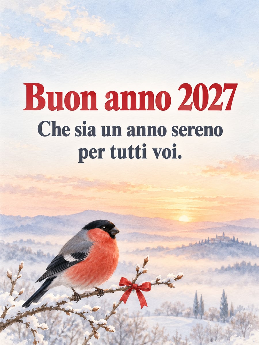 Immagine di Buon Anno con la scritta «Buon anno 2027» e «Che sia un anno sereno per tutti voi.» – ciuffolotto, ramo innevato, alba