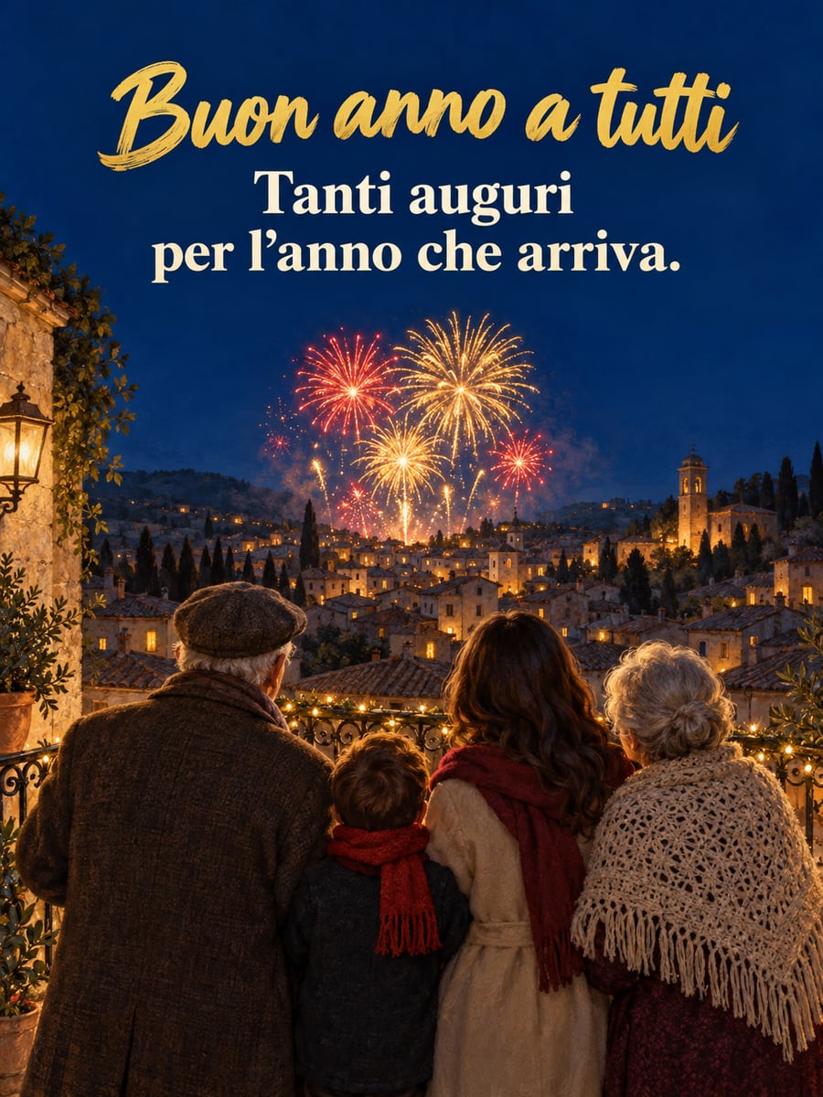Immagine di Buon Anno con la scritta «Buon anno a tutti» e «Tanti auguri per l’anno che arriva.» – famiglia sul balcone, fuochi d’artificio, borgo illuminato