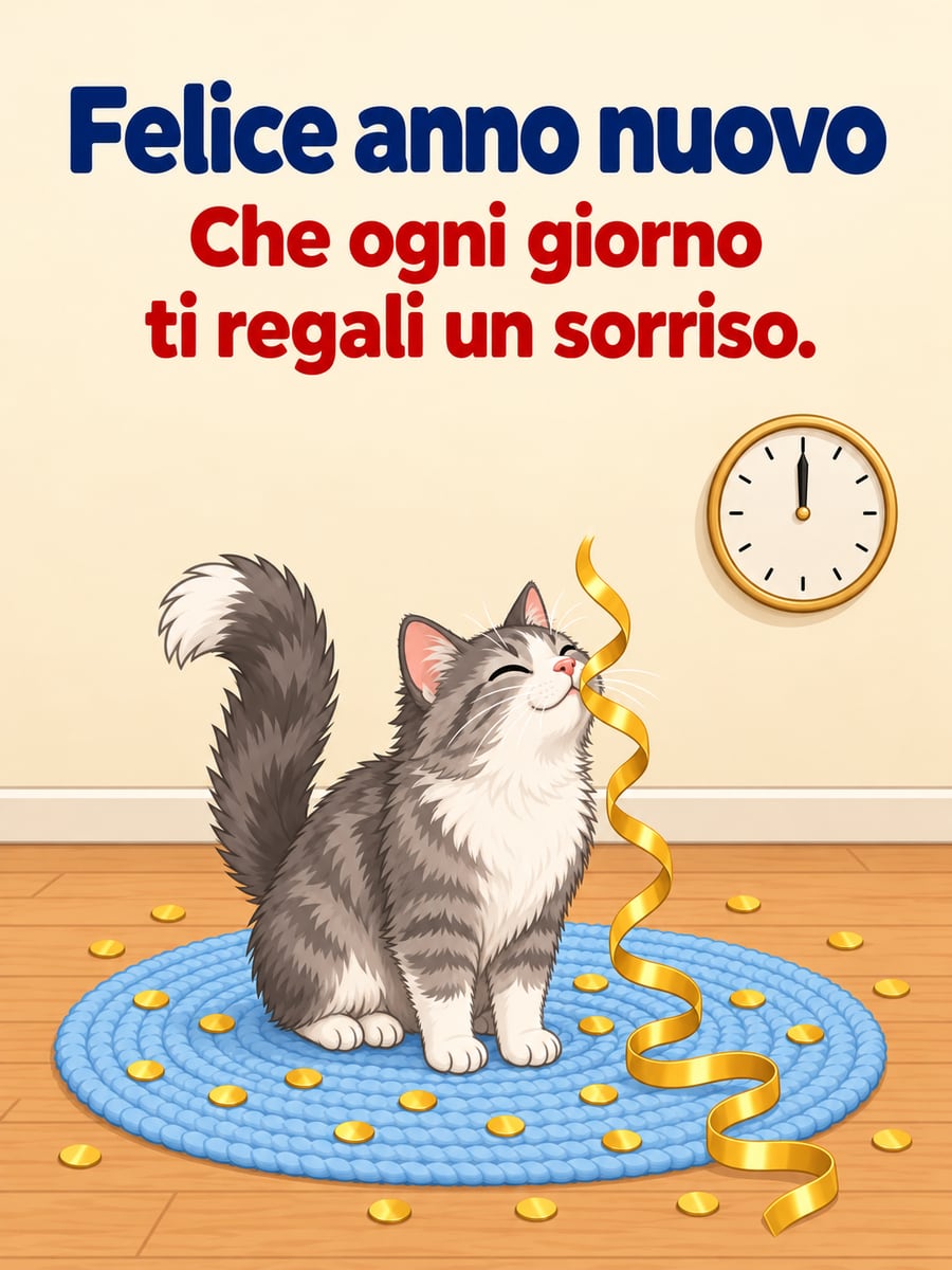 Immagine di Buon Anno con la scritta «Felice anno nuovo» e «Che ogni giorno ti regali un sorriso.» – gatto, stella filante dorata, orologio, coriandoli