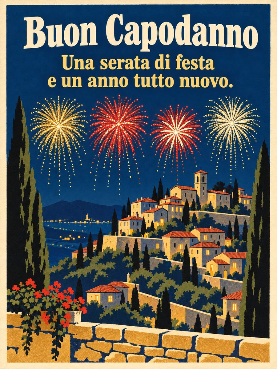 Immagine di Buon Anno con la scritta «Buon Capodanno» e «Una serata di festa e un anno tutto nuovo.» – fuochi d’artificio, borgo sulla collina, cipressi