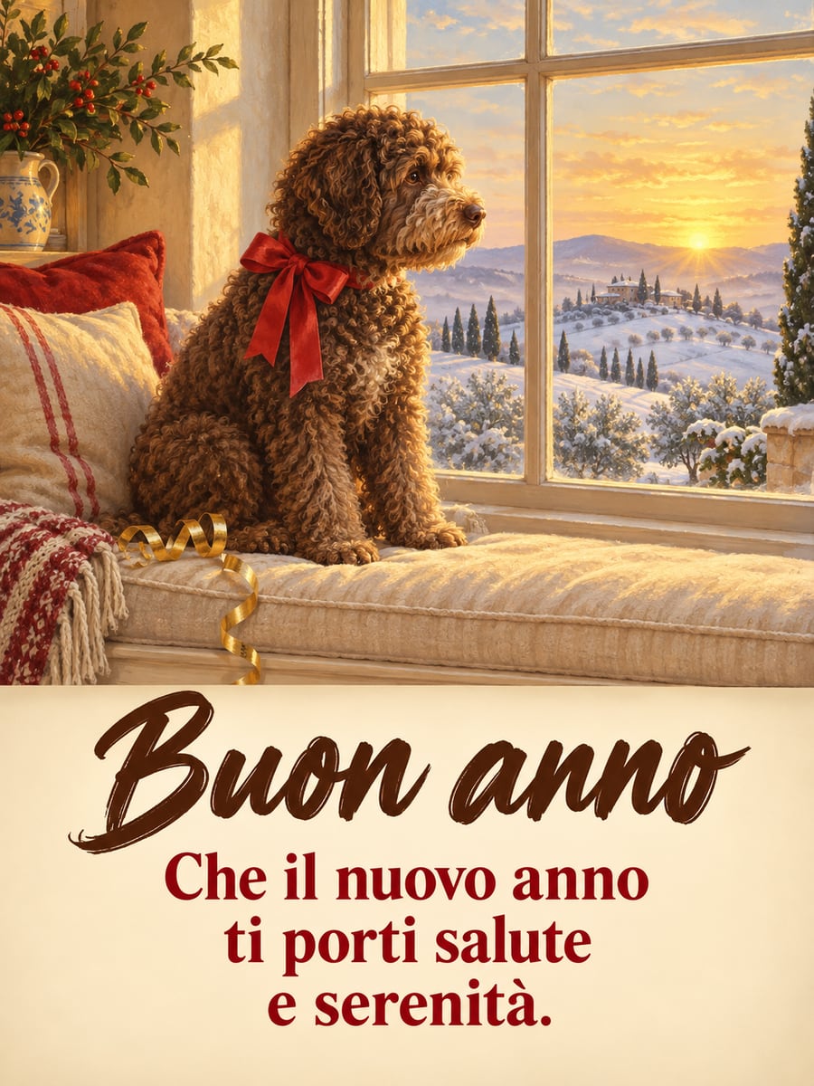 Immagine di Buon Anno con la scritta «Buon anno» e «Che il nuovo anno ti porti salute e serenità.» – lagotto romagnolo, finestra, colline innevate, alba