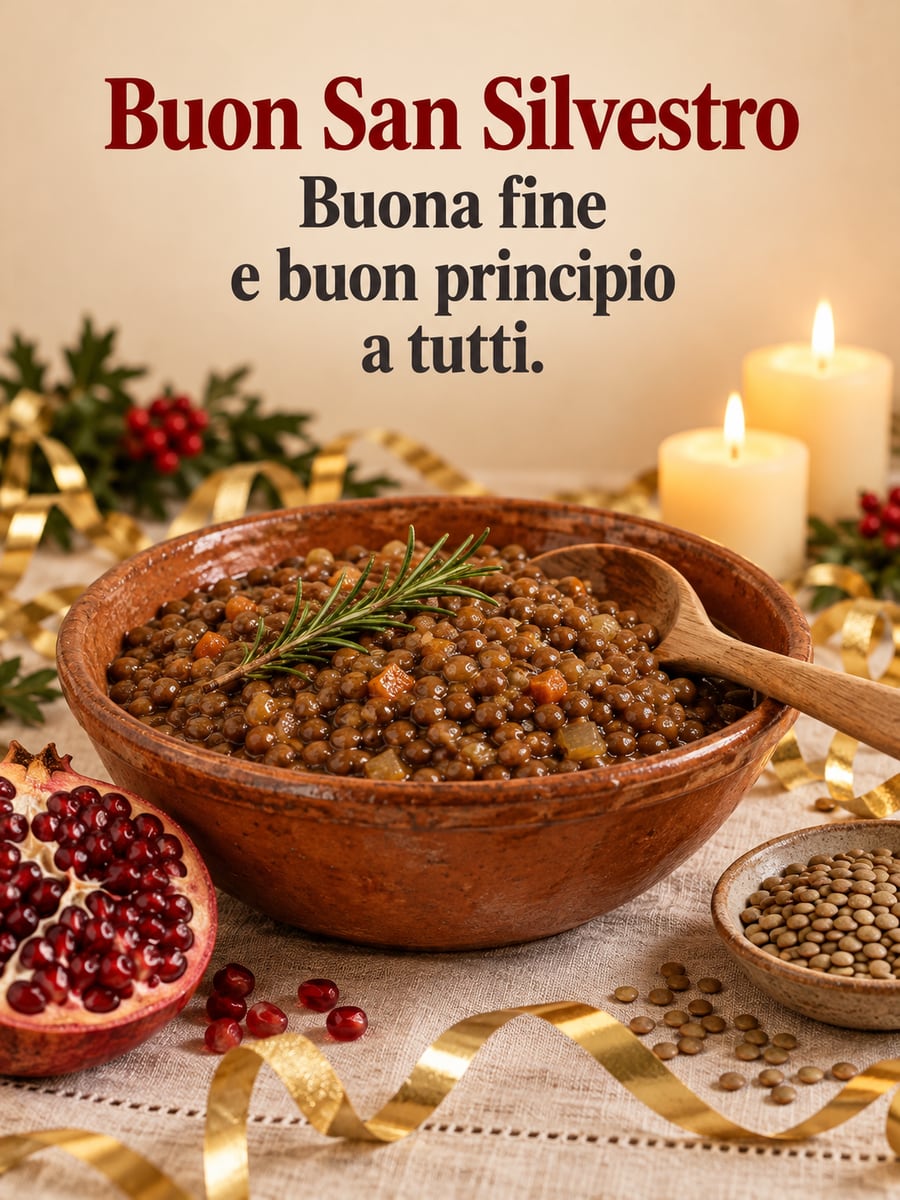 Immagine di Buon Anno con la scritta «Buon San Silvestro» e «Buona fine e buon principio a tutti.» – lenticchie, melograno, candele, nastri dorati