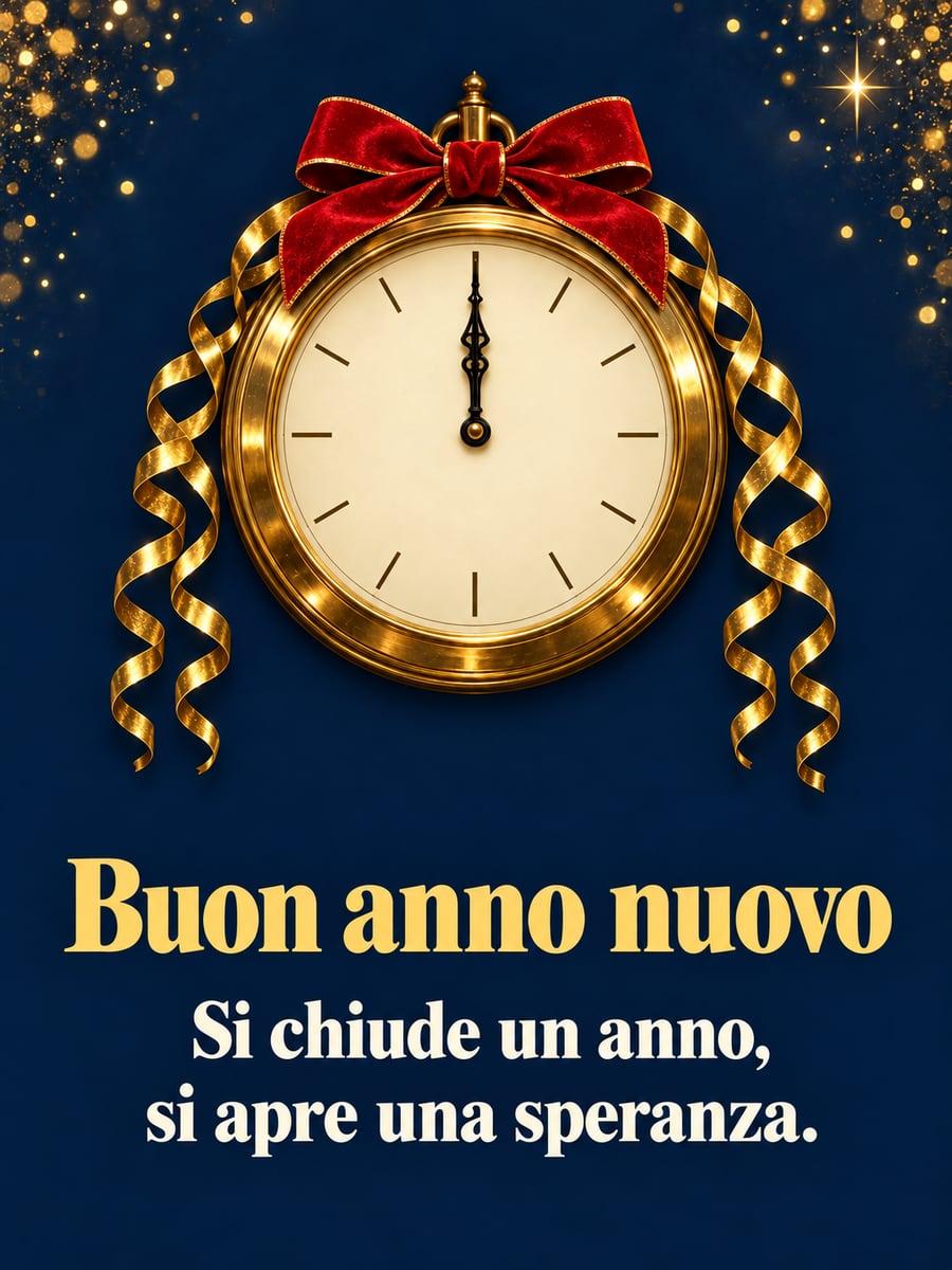 Immagine di Buon Anno con la scritta «Buon anno nuovo» e «Si chiude un anno, si apre una speranza.» – orologio a mezzanotte, fiocco rosso, stelle filanti dorate