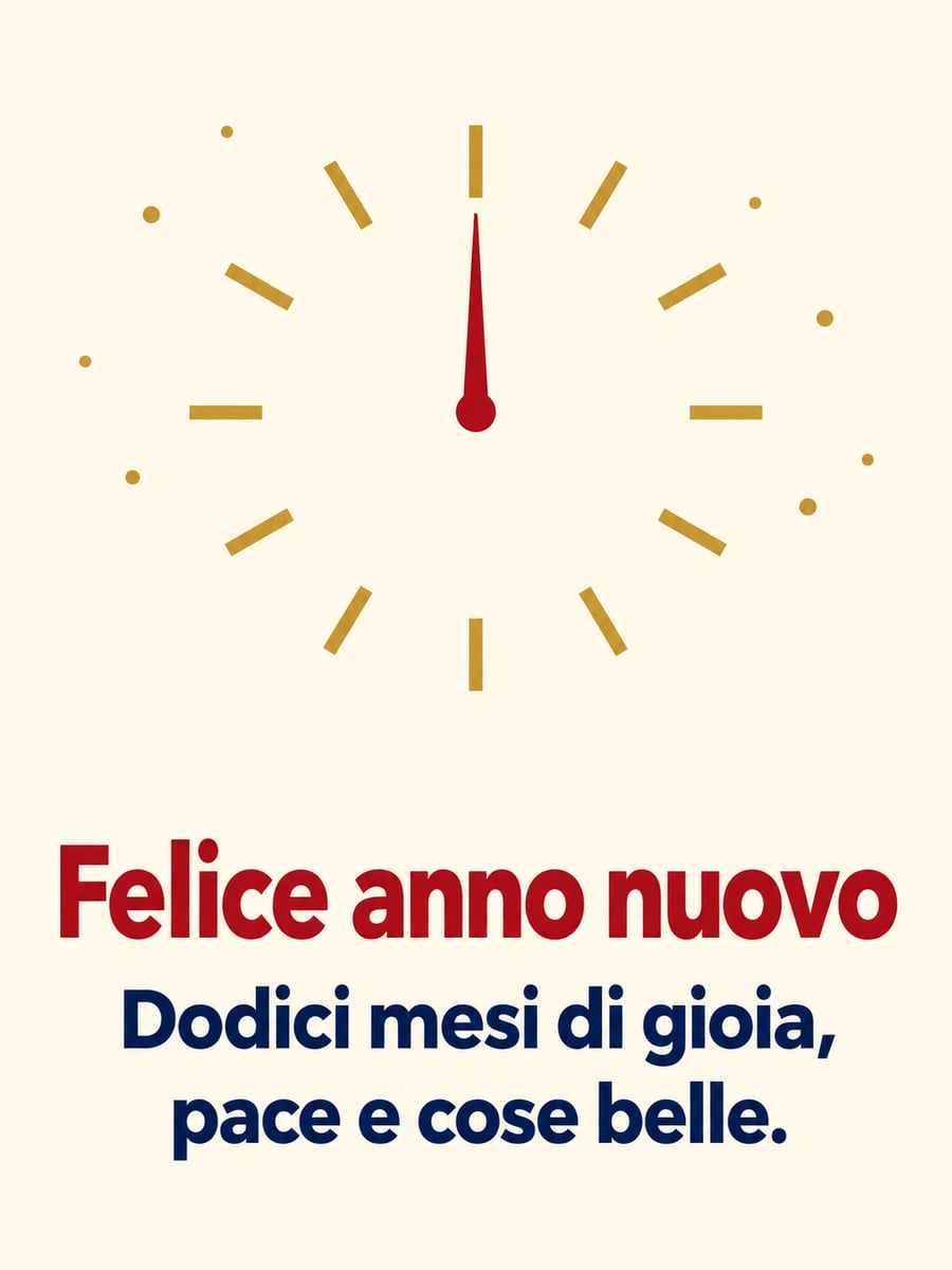 Immagine di Buon Anno con la scritta «Felice anno nuovo» e «Dodici mesi di gioia, pace e cose belle.» – quadrante dell’orologio a mezzanotte