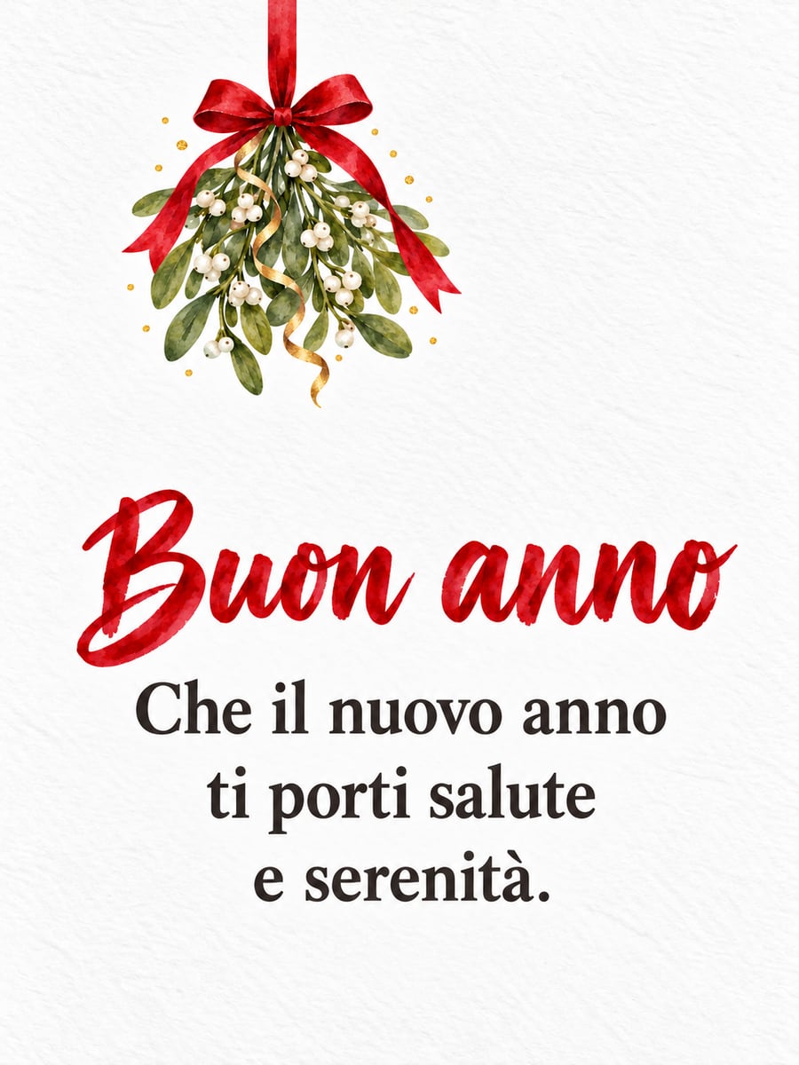 Immagine di Buon Anno con la scritta «Buon anno» e «Che il nuovo anno ti porti salute e serenità.» – vischio, fiocco rosso