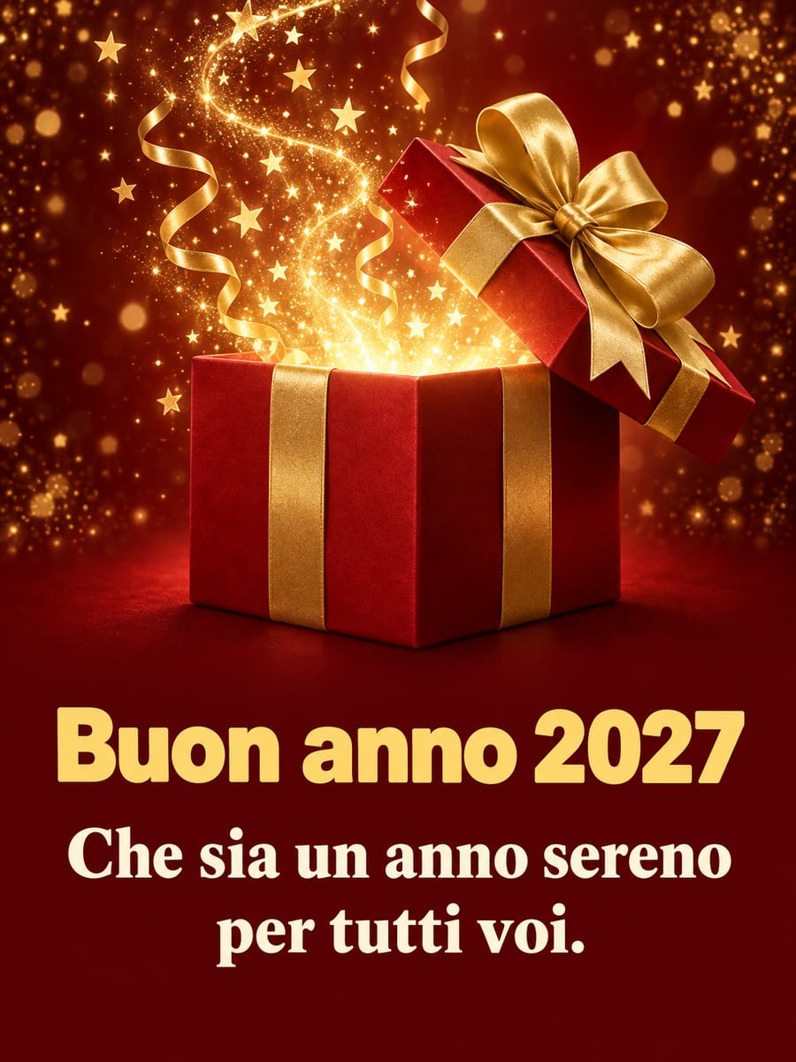 Immagine di Buon Anno con la scritta «Buon anno 2027» e «Che sia un anno sereno per tutti voi.» – pacco regalo, fiocco dorato, scintille dorate