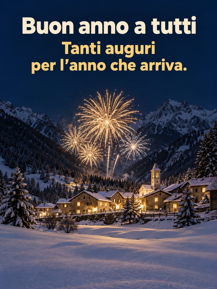 Immagine di Buon Anno con la scritta «Buon anno a tutti» e «Tanti auguri per l’anno che arriva.» – fuochi d’artificio, valle innevata, paese di montagna