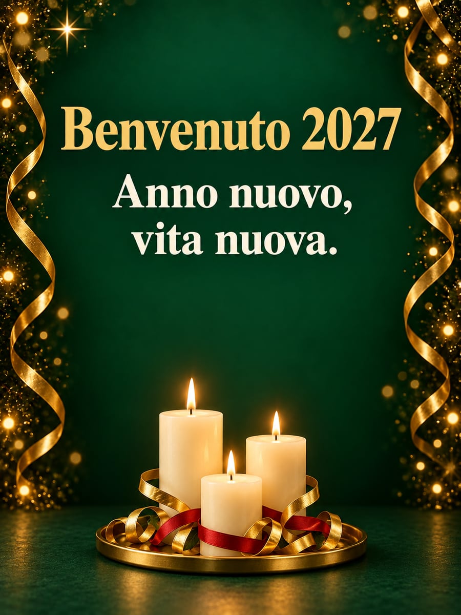 Immagine di Buon Anno con la scritta «Benvenuto 2027» e «Anno nuovo, vita nuova.» – candele, nastri dorati, nastro rosso