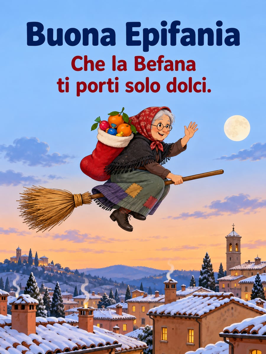 Immagine dell’Epifania con la scritta «Buona Epifania» e «Che la Befana ti porti solo dolci.» – Befana sulla scopa, calza con i dolci, tetti innevati, luna