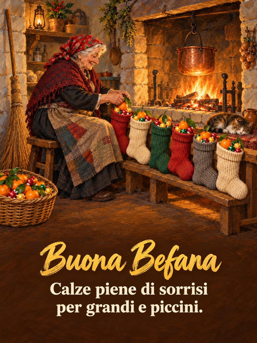 Immagine dell’Epifania con la scritta «Buona Befana» e «Calze piene di sorrisi per grandi e piccini.» – Befana, calze, camino, scopa