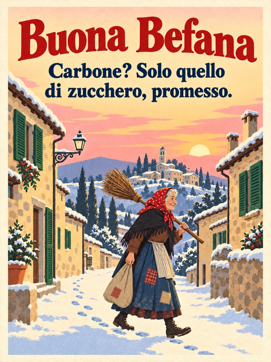 Immagine dell’Epifania con la scritta «Buona Befana» e «Carbone? Solo quello di zucchero, promesso.» – Befana con la scopa, vicolo innevato, borgo