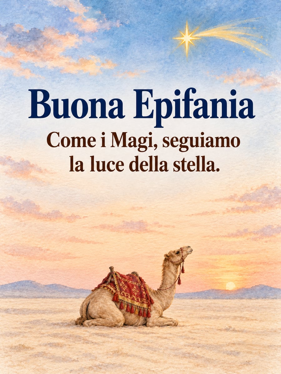 Immagine dell’Epifania con la scritta «Buona Epifania» e «Come i Magi, seguiamo la luce della stella.» – cammello, stella cometa, deserto