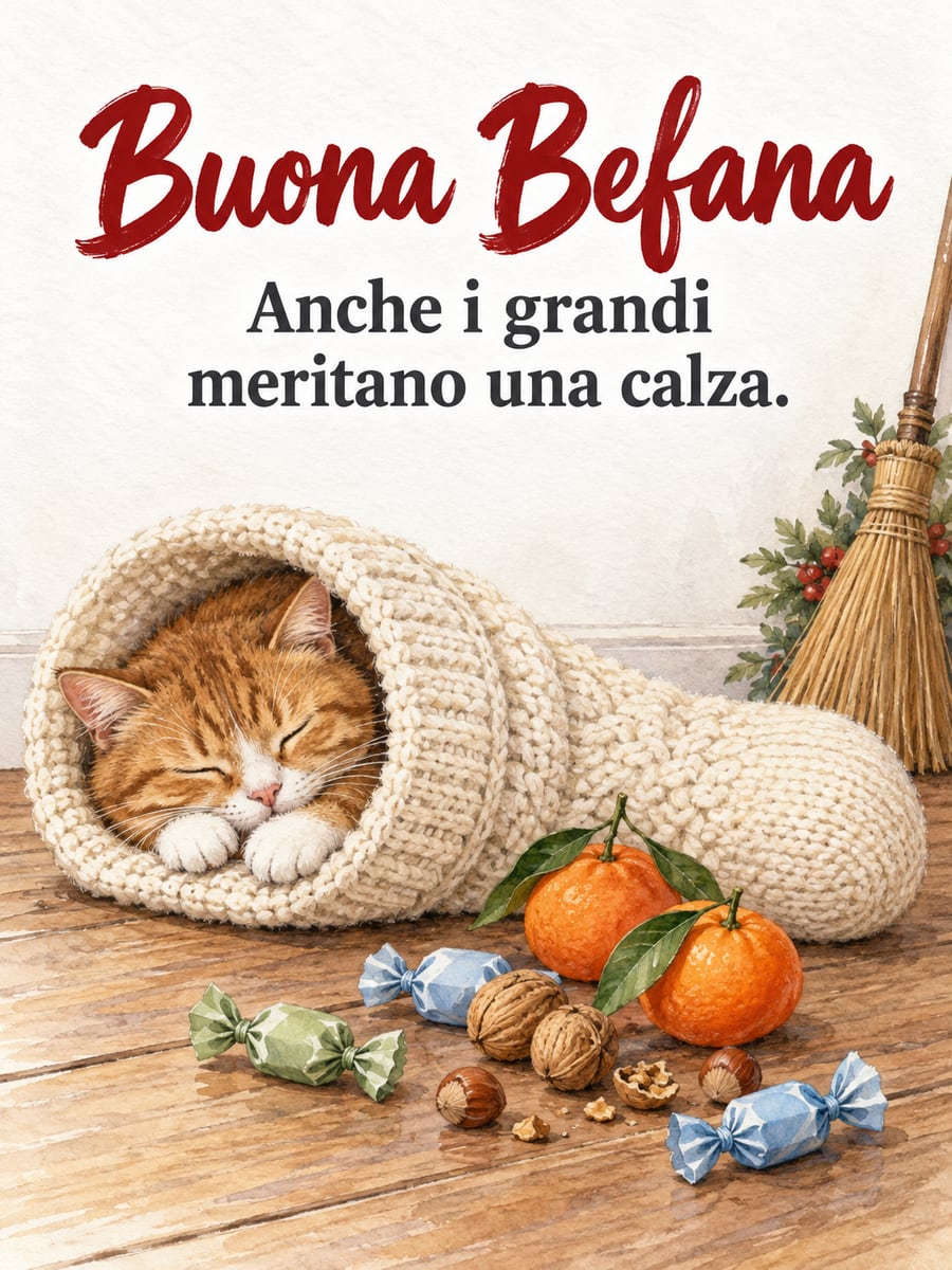 Immagine dell’Epifania con la scritta «Buona Befana» e «Anche i grandi meritano una calza.» – gatto rosso dentro la calza, mandarini, noci, caramelle