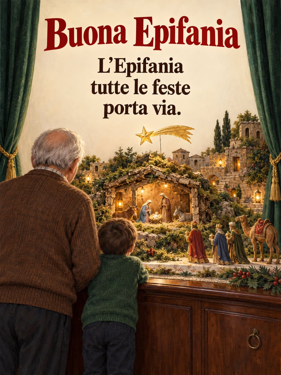 Immagine dell’Epifania con la scritta «Buona Epifania» e «L’Epifania tutte le feste porta via.» – nonno e nipote, presepe, Magi