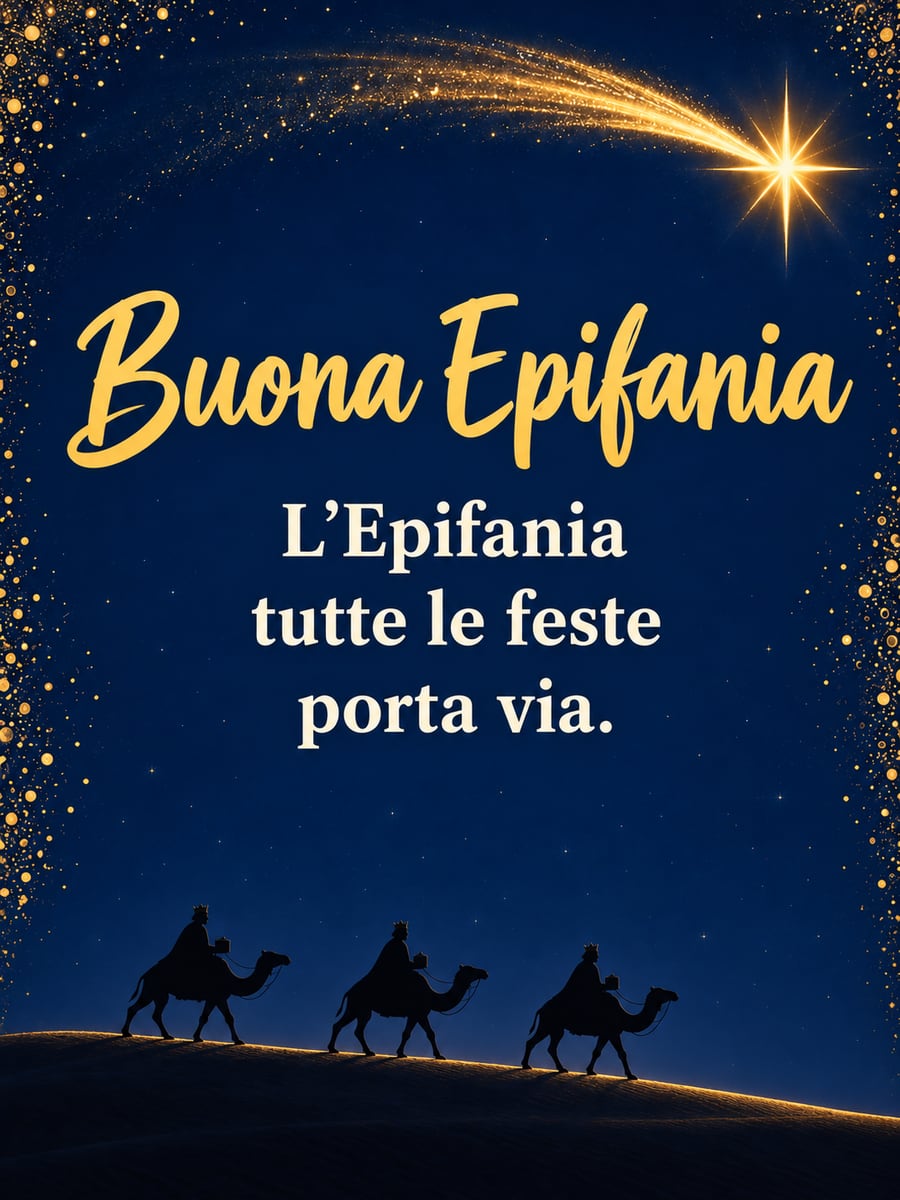Immagine dell’Epifania con la scritta «Buona Epifania» e «L’Epifania tutte le feste porta via.» – Magi sui cammelli, stella cometa