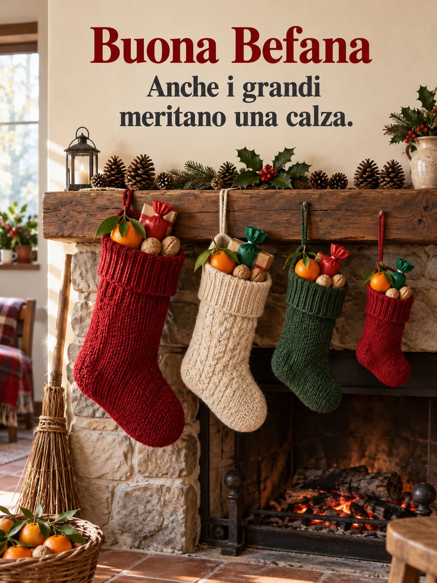 Immagine dell’Epifania con la scritta «Buona Befana» e «Anche i grandi meritano una calza.» – calze appese al camino, scopa, mandarini, pigne